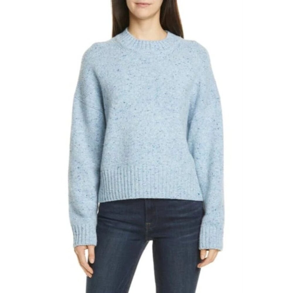 NWT Vince Boxy High Neck Nep Merino Wool Blend Sweater in Nordic Speckle Blue L